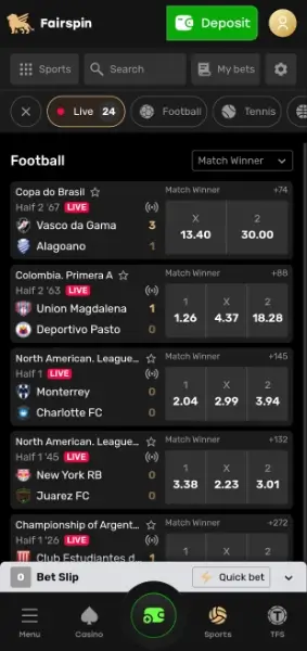 Apostas desportivas na FairSpin App