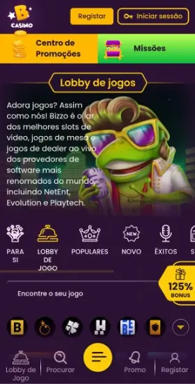 Versão mobile do site do Bizzo Casino