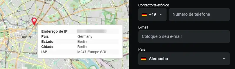 Teste de endereço IP com o registo na Alemanha