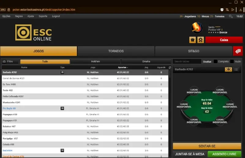 Janela do lobby de poker no casino da ESC Online