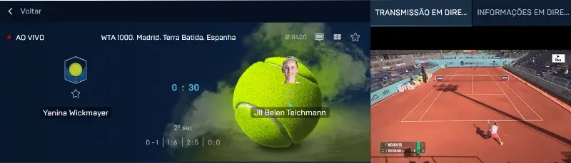 Livestreaming de uma partida de tenis na Gizbo