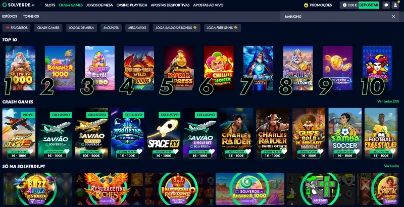 Página de jogos de casino da Solverde