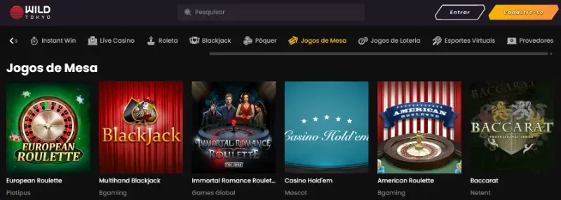 Página de jogos de mesa no Wild Tokyo Casino