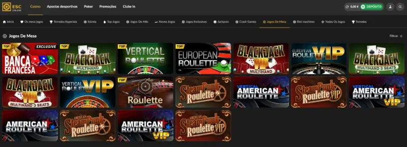 Página de jogos de mesa no casino da ESC Online