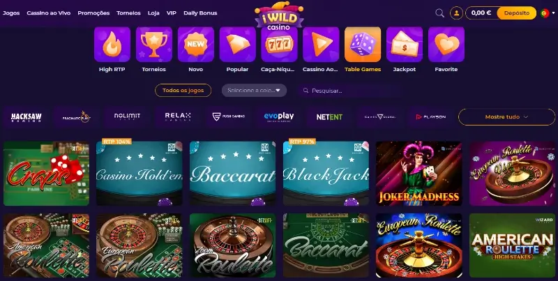 Página de jogos de mesa do iWild Casino