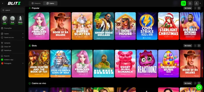 Página com o lobby de casino da Blitz