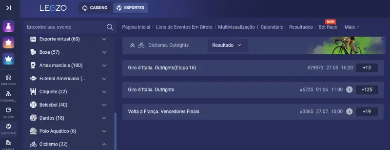 Página de apostas em ciclismo na Legzo