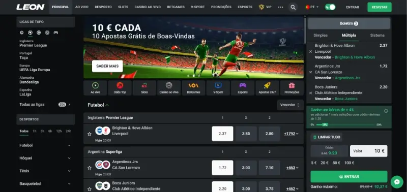 Página de paostas desportivas da Leon