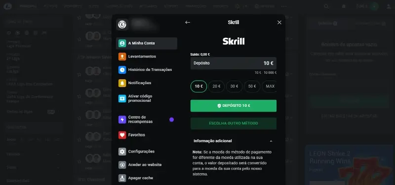 Depósito com skrill no casino da Leon