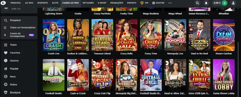 Página de game shows no casino da Leon