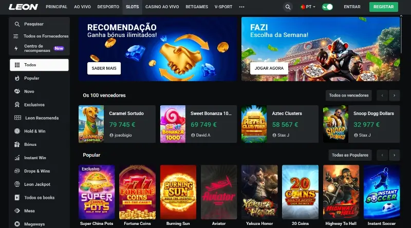 Página de casino na Leon