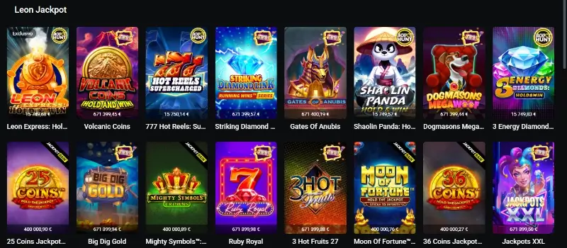 Página de slots com jackpot progressivo no Casino da Leon