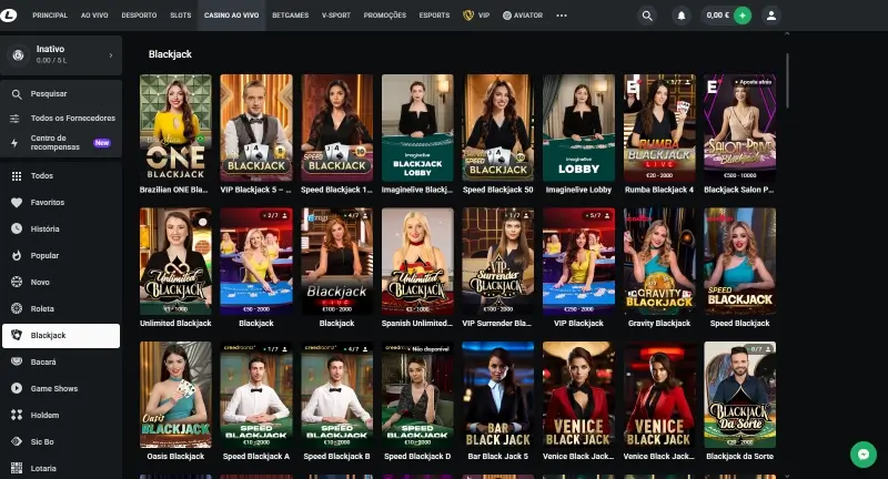 Página de blackjack ao vivo no casino da Leon