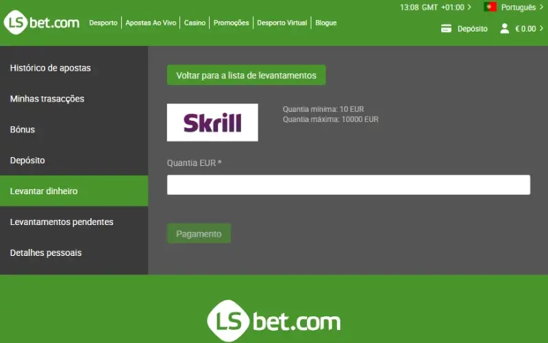 Levantamento com skrill no casino da Lsbet