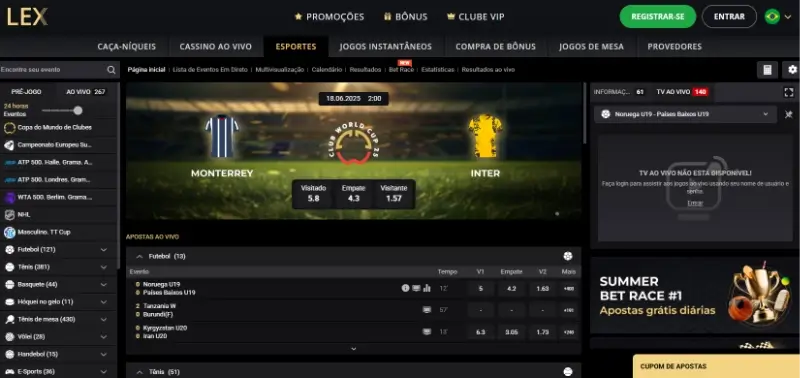 Página principal de desporto no Lex Casino