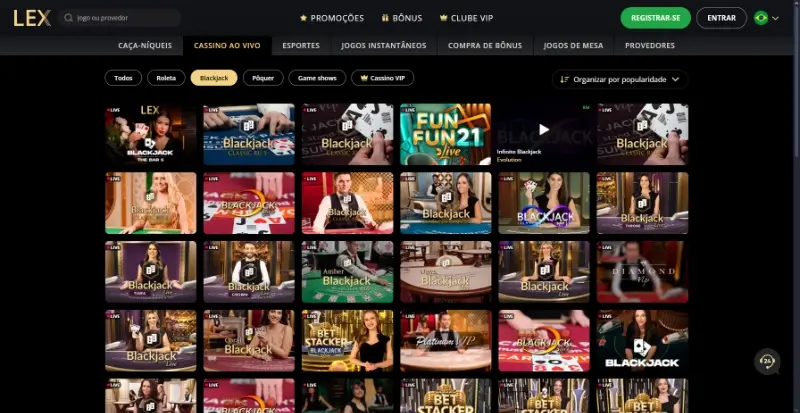 Página de blackjack ao vivo no Lex Casino