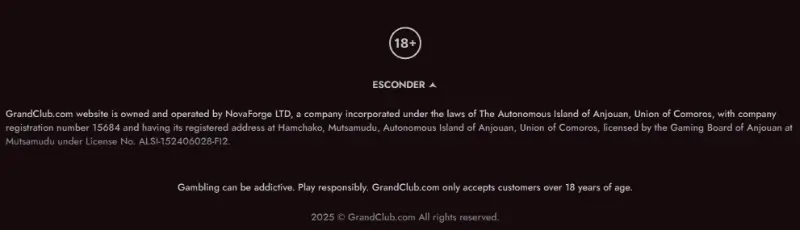 Licença do GrandClub Casino