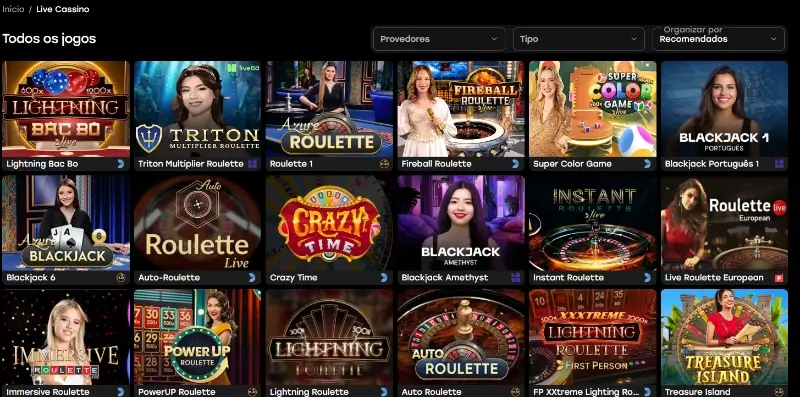 Página de casino ao vivo na Fairspin