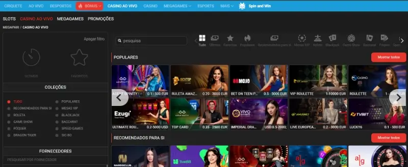 Página de casino ao vivo na Megapari