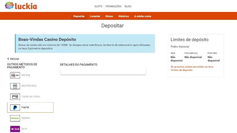 Página de pagamentos do casino da Luckia