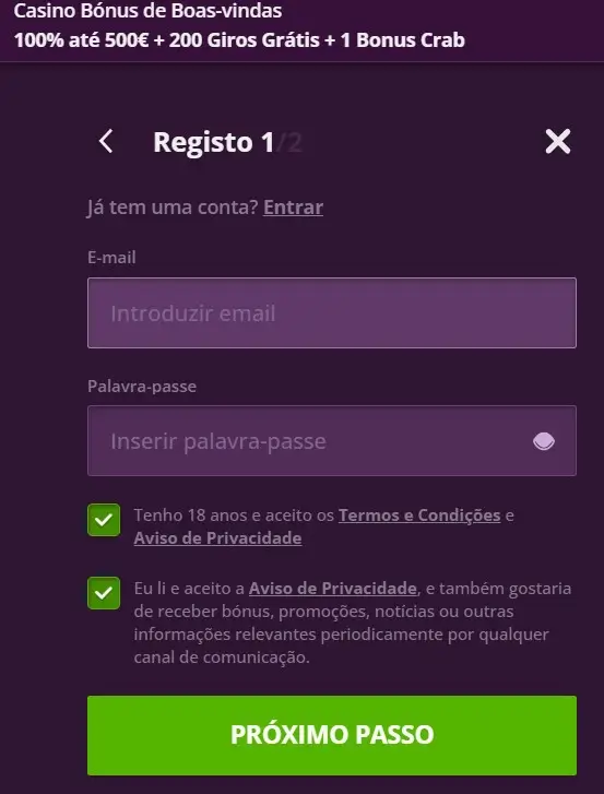 Primeira página do formulário de registo da Malina