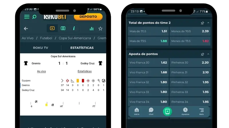 Estatisticas e odds ao vivo de apostas desportivas na Rokubet App