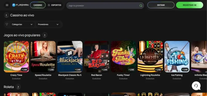 Menu do casino ao vivo da Flagman