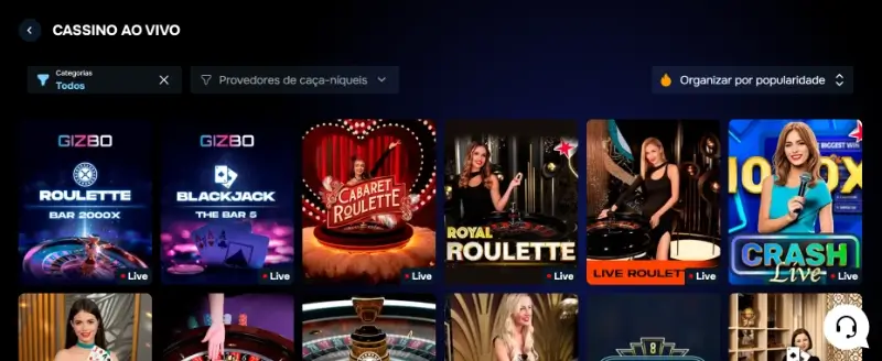 Página de jogos de casino ao vivo na Gizbo