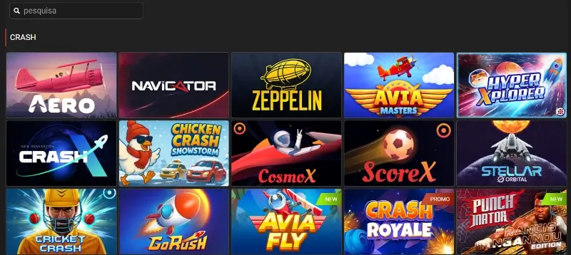 Menu de jogos crash no casino da Megapari