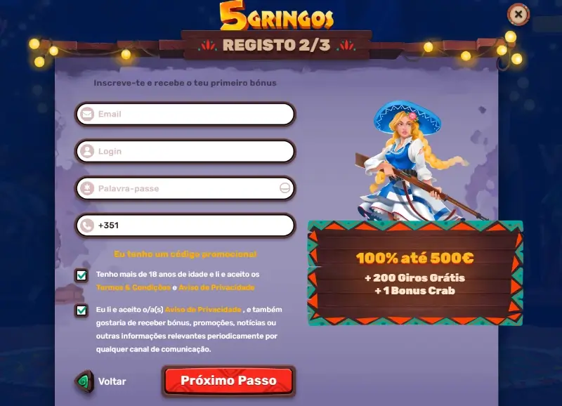 Formulário de registo do 5gringos casino