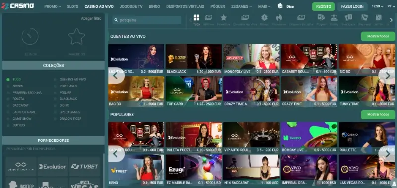 Menu de casino ao vivo no 22Casino