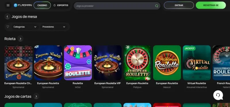 MEnu de jogos de mesa no casino da Flagman