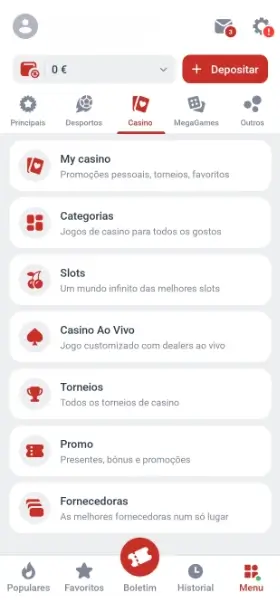 Menu de casino da Megapari App