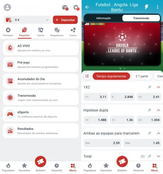 Menu principal de desporto e live stream na aplicação da Megapari