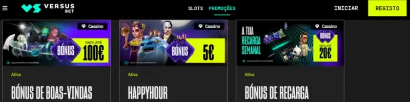 Menu com as promoções na VersusBet