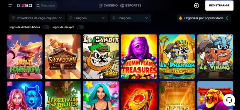 Página de slot machines no casino da Gizbo