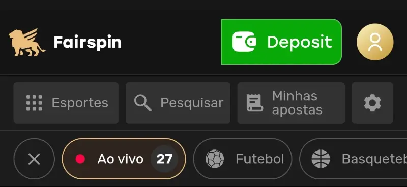 Menu de categorias na FairSpin App