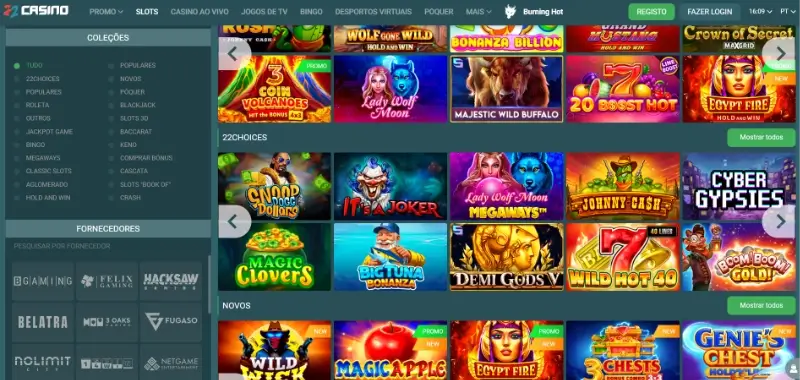 Menu de slots do 22Casino