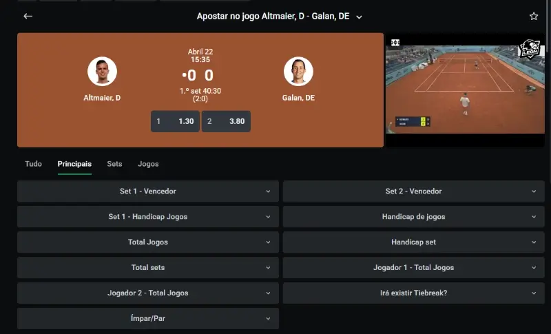 Mercados de apostas em ténis numa partida ao vivo
