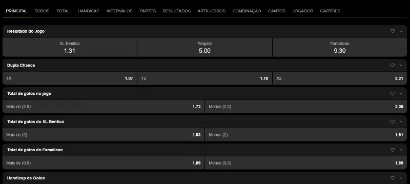 Exemplos de mercados de apostas no Blitz
