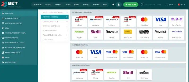 Métodos de pagamento disponíveis no casino da 22Bet