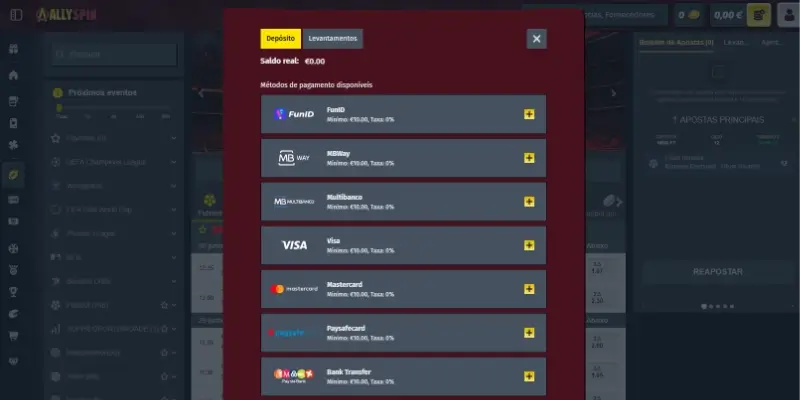 Métodos de pagamento disponíveis no casino da AllySpin