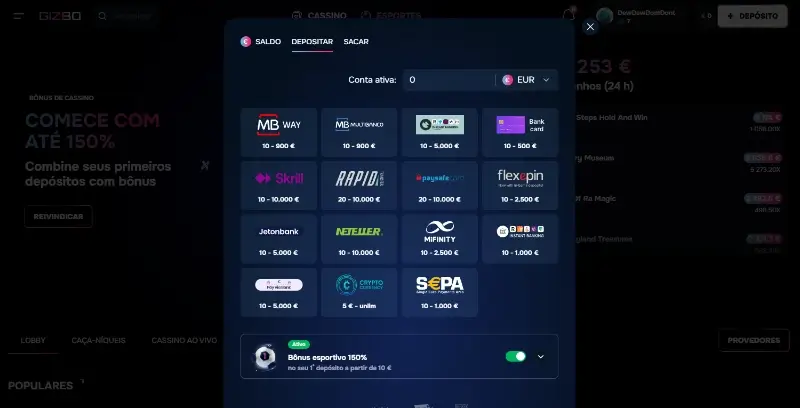 Métodos de pagamento disponíveis no casino da Gizbo