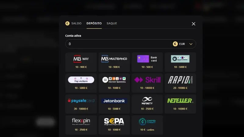 Métodos de pagamento disponíveis no casino do Lex