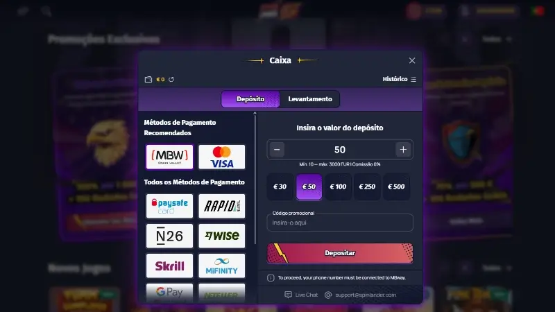 Métodos de pagamento disponíveis no casino da Spinlander