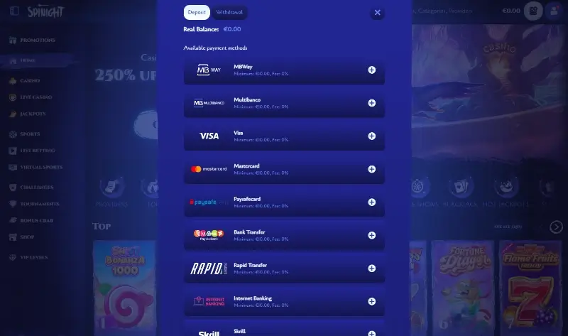Métodos de pagamento disponíveis no casino da Spinight