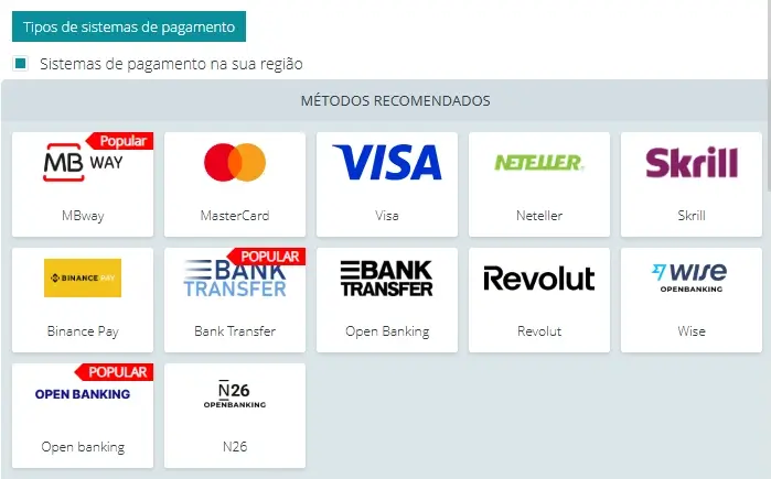 Métodos de pagamento disponíveis na 22Bet