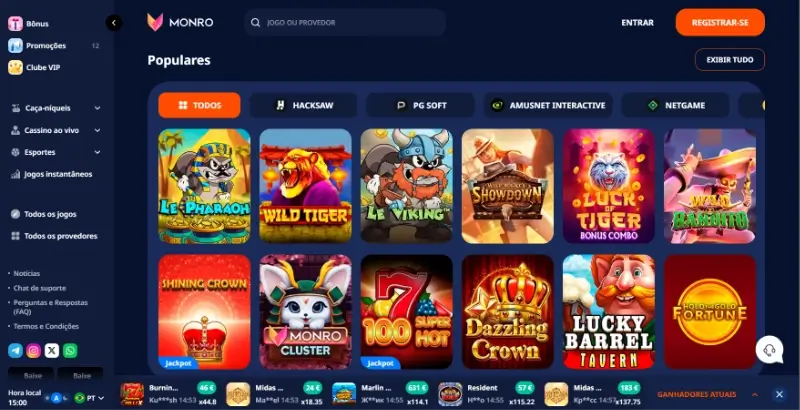Página de casino na Monro