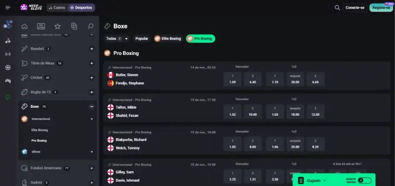 Página de apostas em boxe na Need for Slots