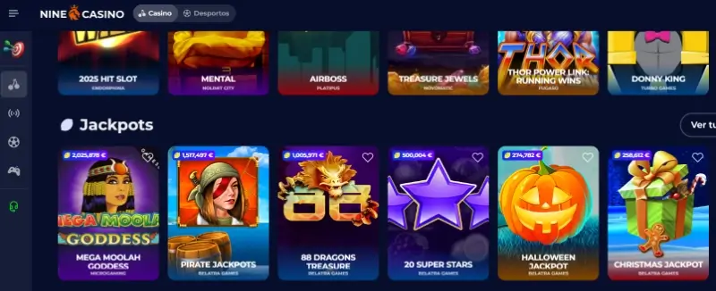 Página de slots com jackpot progressivo no NineCasino